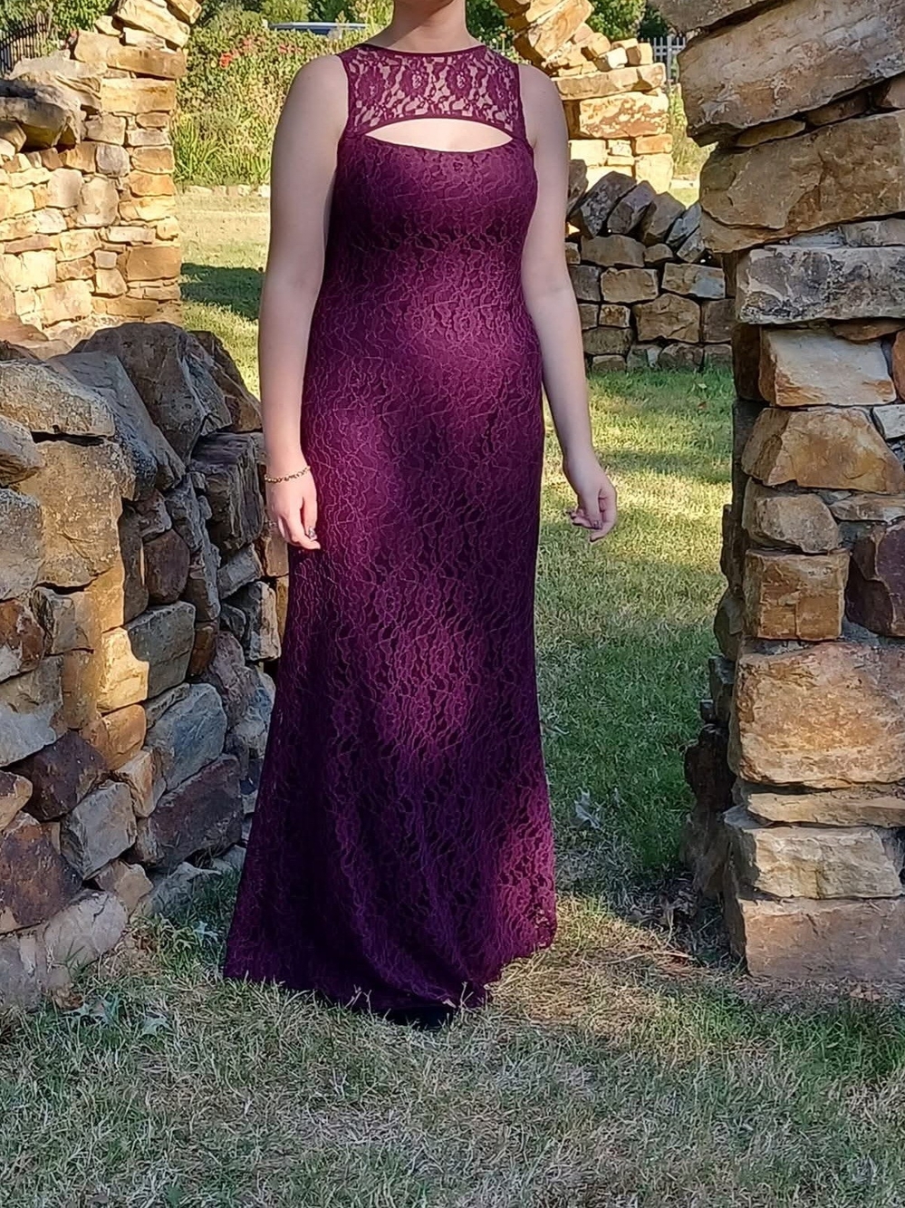 David Tutera Plum Lace Maxi Gown with Keyhole Yoke